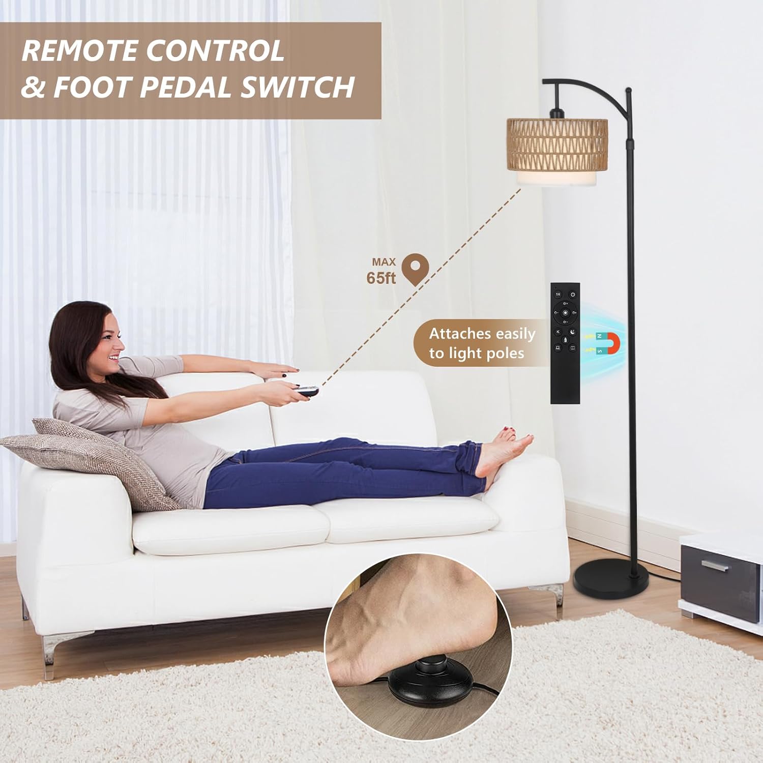 Floor Lamps with Remote & Dimmable Bulb, Boho Standing Lamp